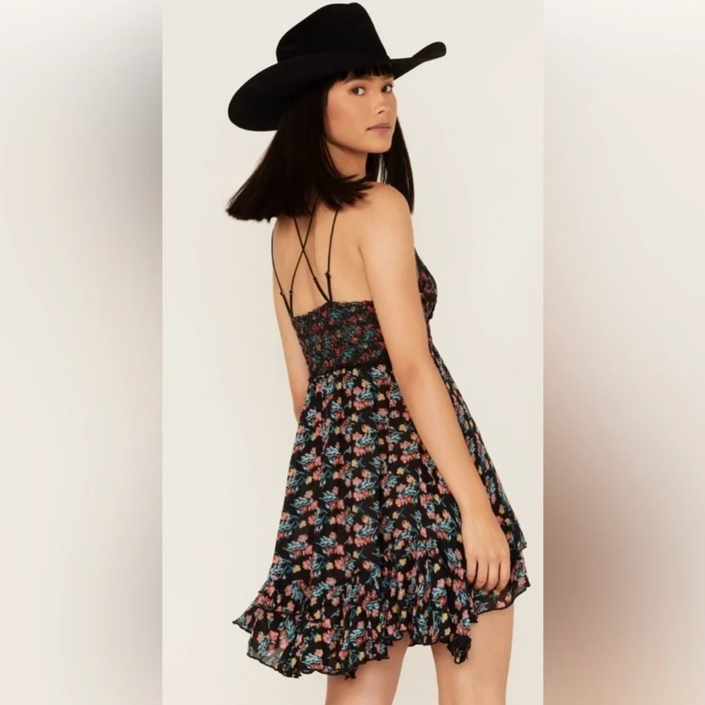 Free People Adella Printed Slip Mini Dress XS Black Combo Floral Festival Boho